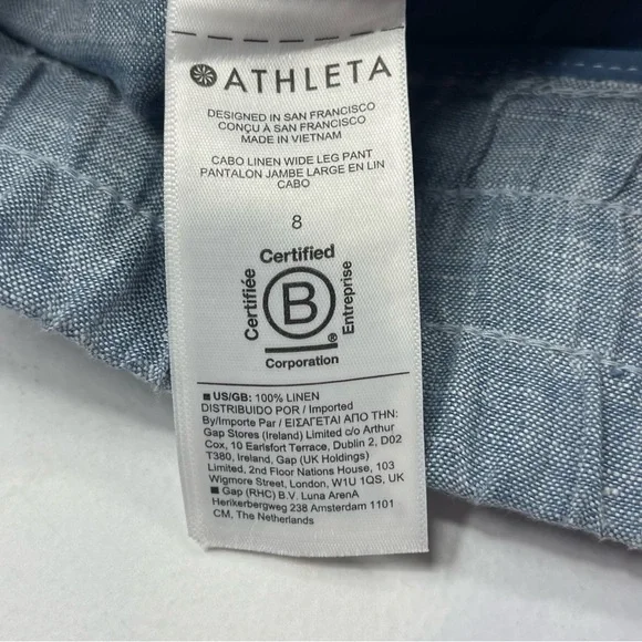 ATHLETA Women's Wide Leg 100% Linen Blue Pants Elastic Waist Zip Pockets Size 8 - Picture 5 of 11